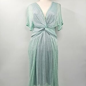 Cecilia Prado Metallic Mint‎ Green Sheer Mesh Maxi w Knot Front High-Low Hem